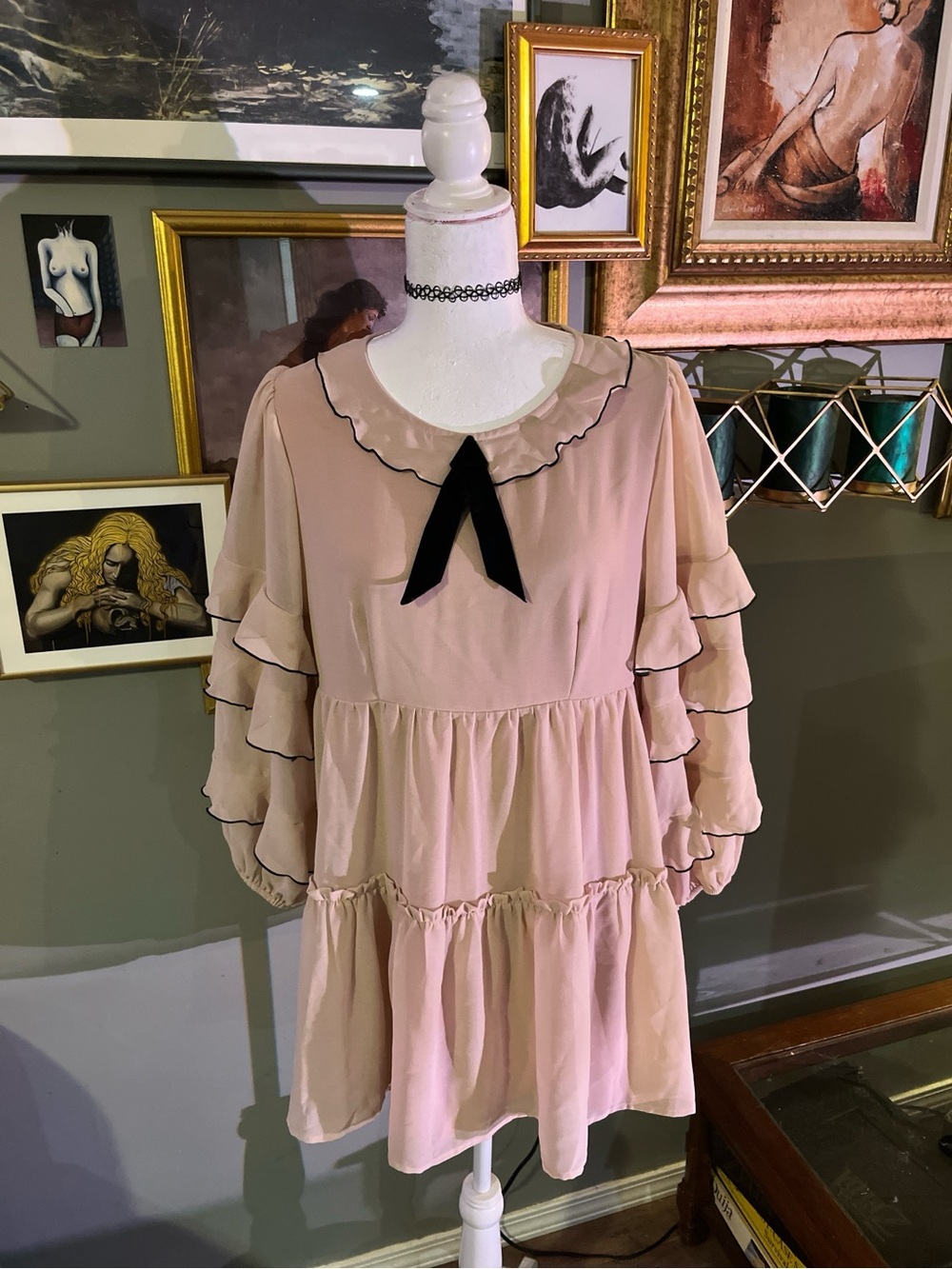 Ruffled For Love & Lemons Soufflé Tiered Dress with Black Velvet Bow